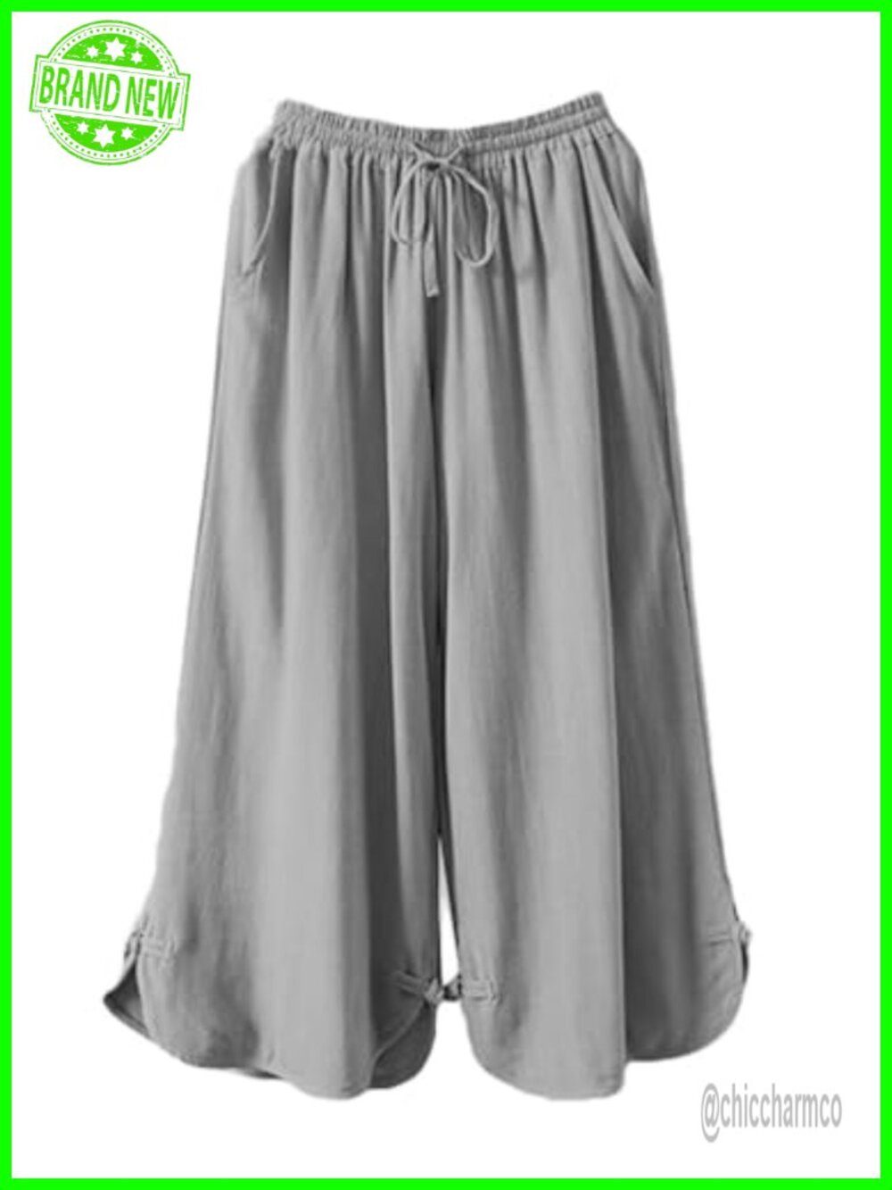 Linen Wide Leg Cropped Capri Pants Drawstring Frog Button Pleated